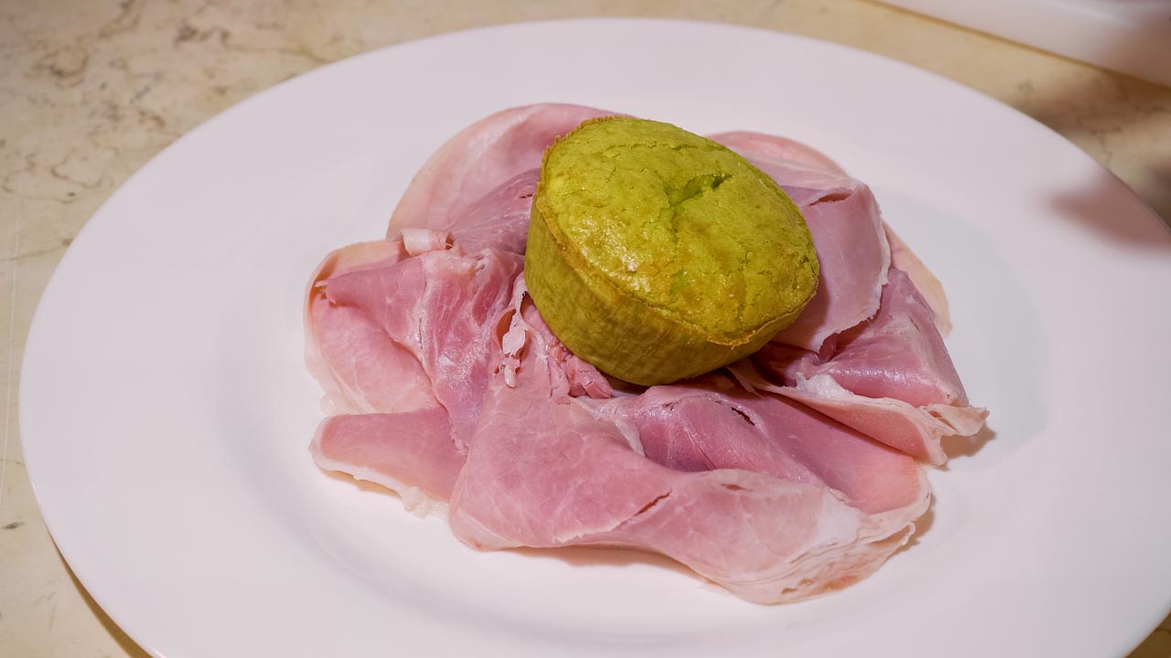 Ricette Bonazza PROSCIUTTO COTTO ALLA BRACE CON FLAN DI PISELLI FRESCHI